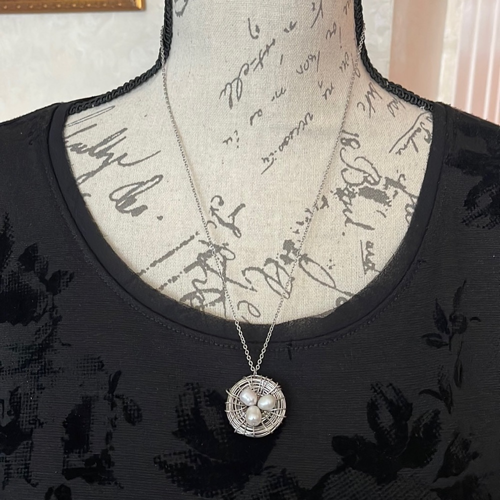necklace woven silver bird’s nest with three fresh water pearls on chain